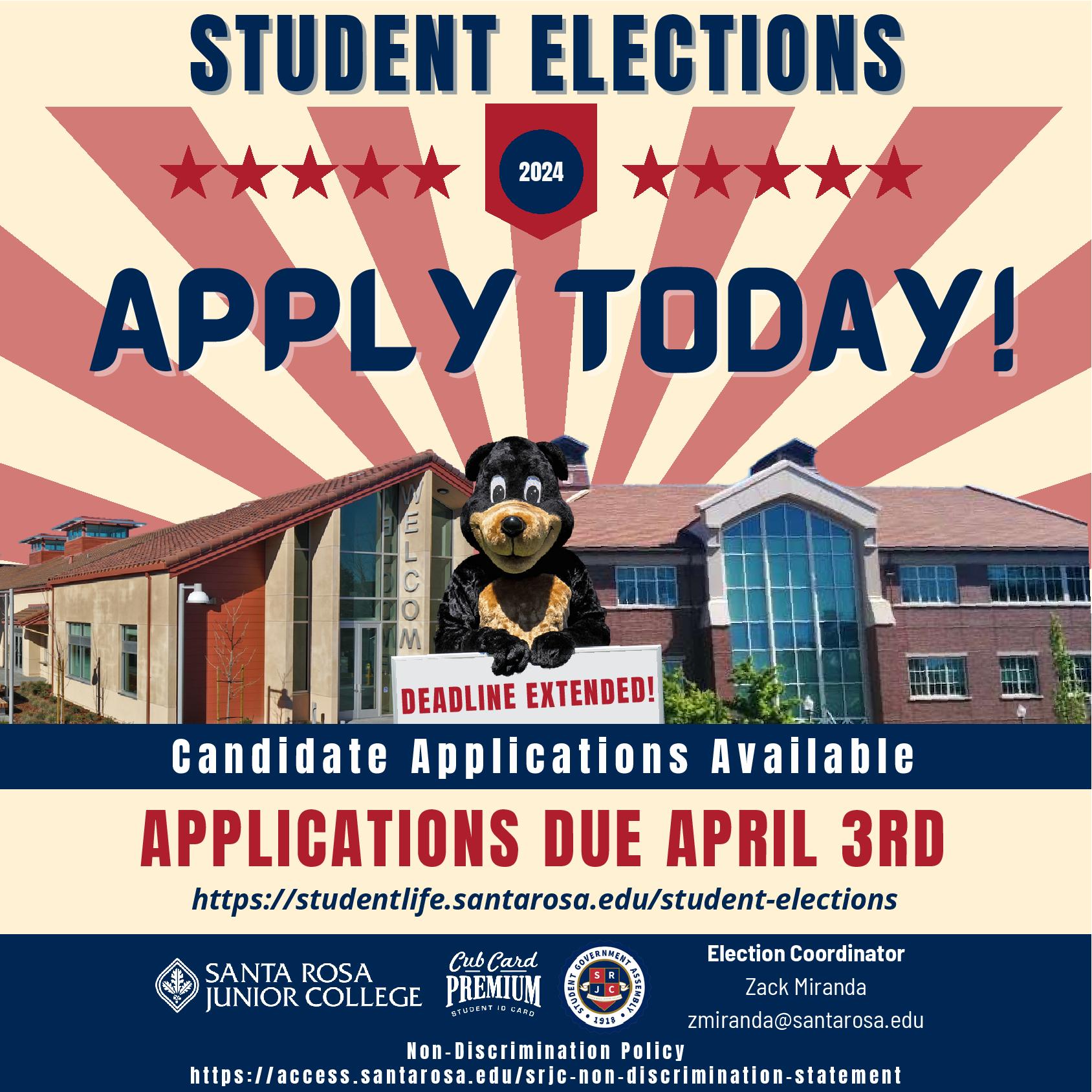 Elections Website Banner. Student Elections Applications are available and are due on March 29th, 2024. visit studentlife.santarosa.edu/student-elections for more information.