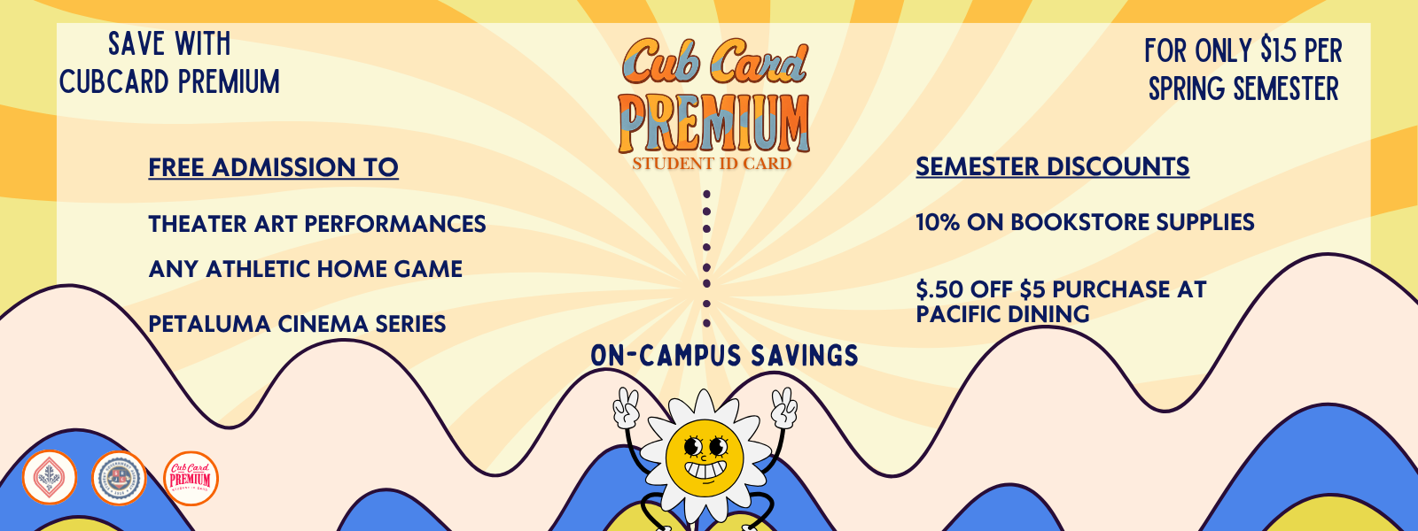 CubCard Premium On Campus Discounts. 10% off bookstore supplies, $.50 off $5 purchase Pacific Dining. Free home game entry, petaluma cinema series, one free theatre art performance. Only $15 fall/spring semester.