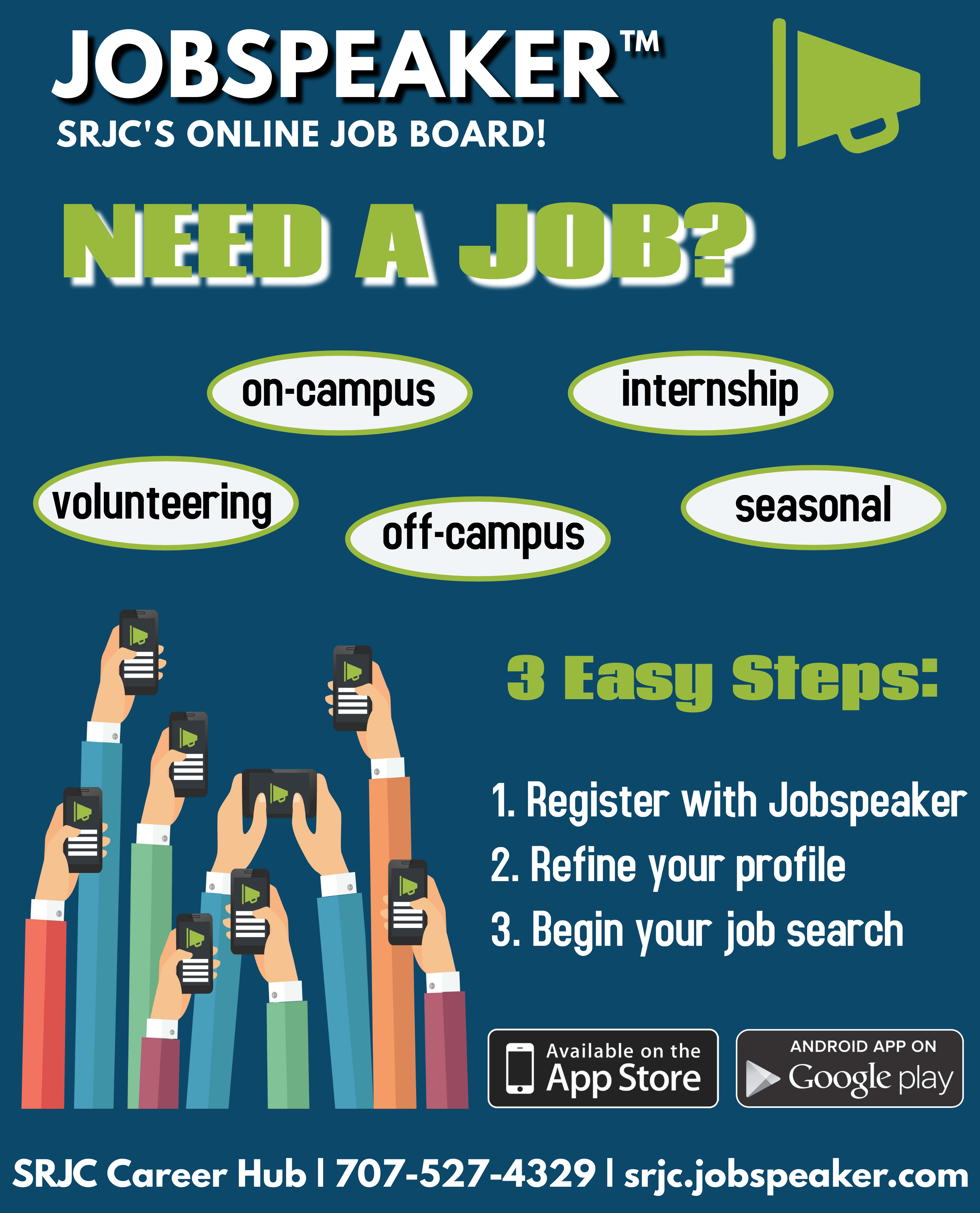 Need a job? Check out Jobspeaker! SRJC's online job board. 3 easy steps: 1. register with Jobspeaker, 2. Refine your profile, 3. begin your search!. caontact career hub at 707*527-4329 or visit srjc.jobspeaker.com