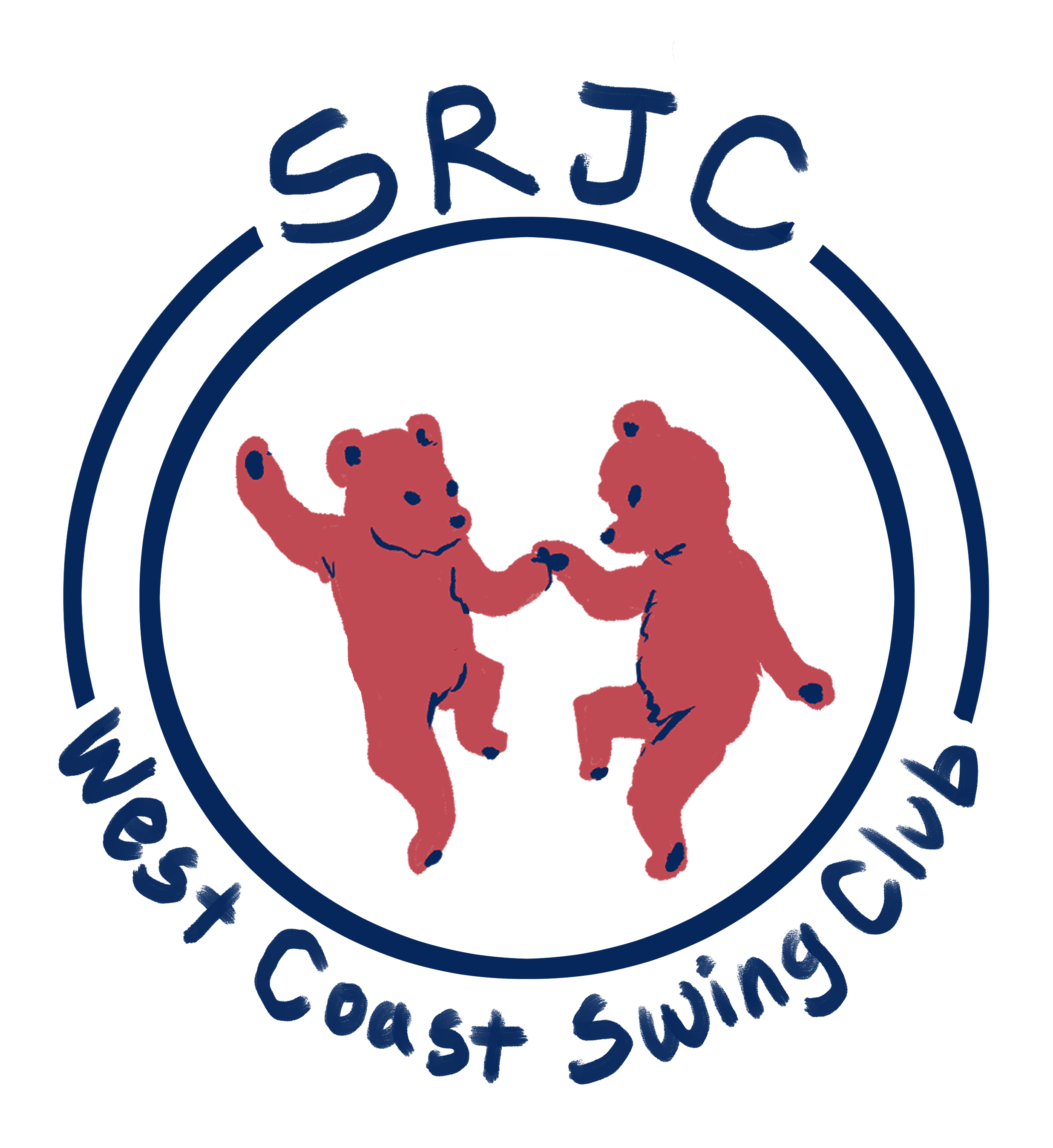 Logo for the West Coast Swing Club picturing two bears dancing in the center with surrounding text reading "SRJC West Coast Swing Club"
