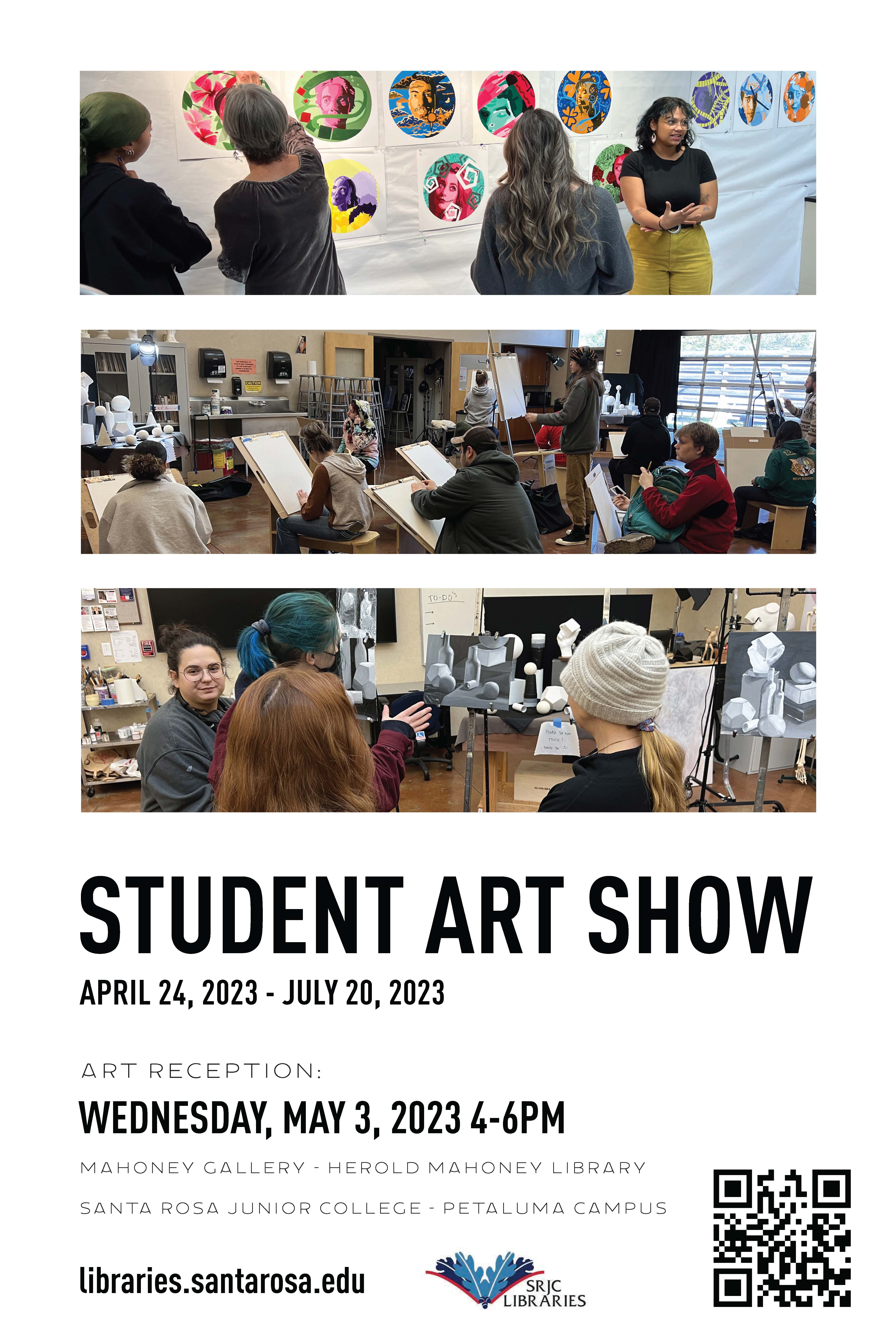 Please join us for the Student Art Show reception at the Herold Mahoney Library. The Student Art Show is a collection of paintings, drawings, and designs created by students from the Petaluma campus art department. We will be celebrating the students and their artwork. Light refreshments will be served.     The Student Art Show reception is Wednesday, May 3, 2023, 4:00-6:00pm.  Work will be on display through July 20th during Mahoney Library open hours.