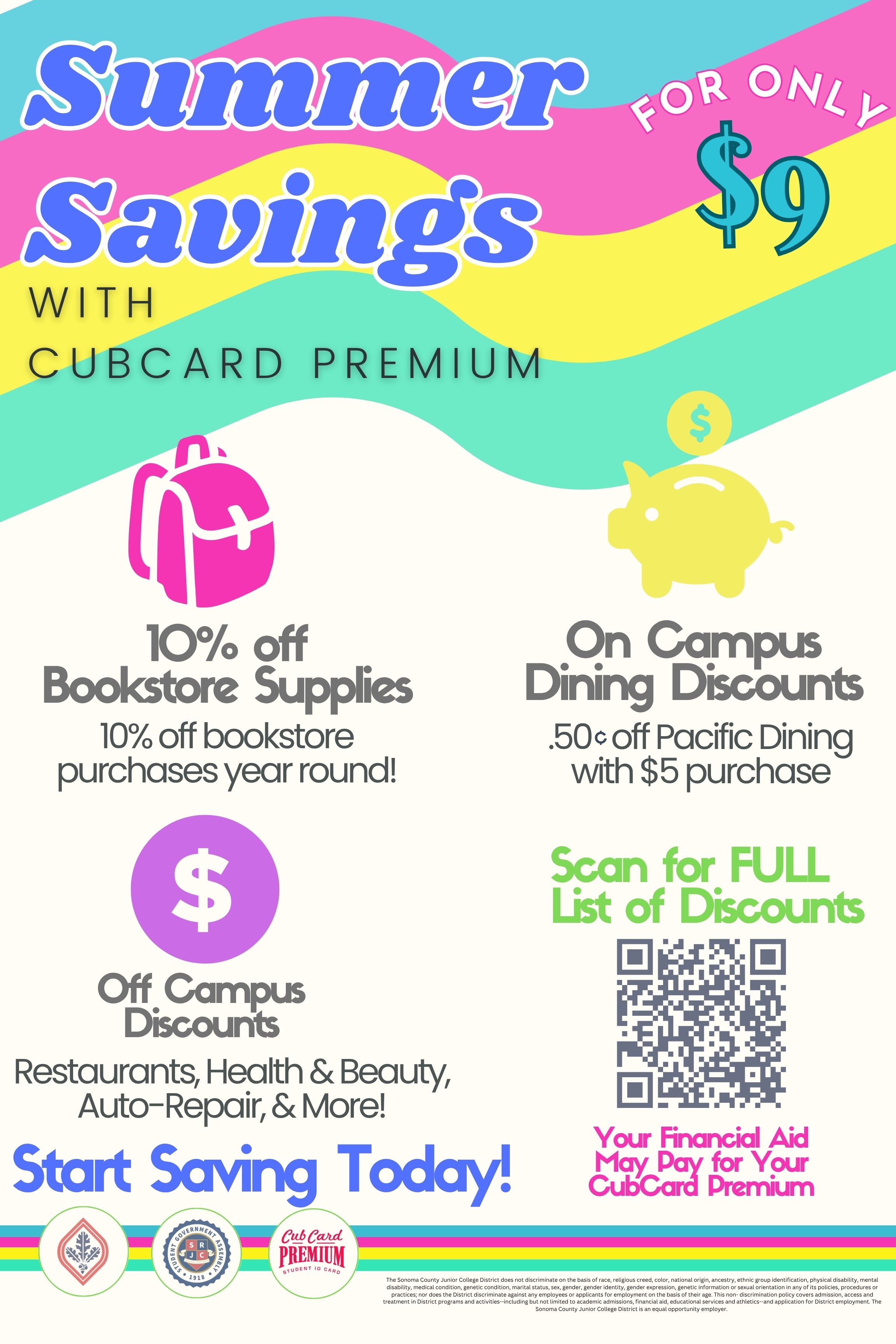 CubCard Premium Flyer Summer 25: Savings with CubCard Premium. For only $9 summer semester. Save o. 10% off bookstore purchase year round!  . On Campus Dining Discounts Off Campus Discounts. Resturants, Health & Beauty, Auto-Repair, & More! Your Financial Aid May Pay for Your CubCard Premium. Start Saving Today!